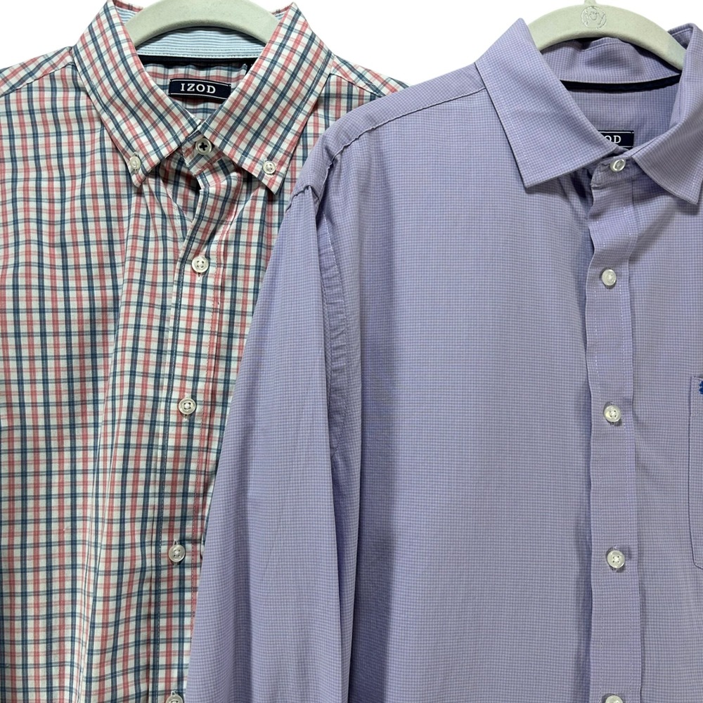 IZOD Button Down Shirt Bundle Mens M Purple Plaid Regular Fit Preppy Business